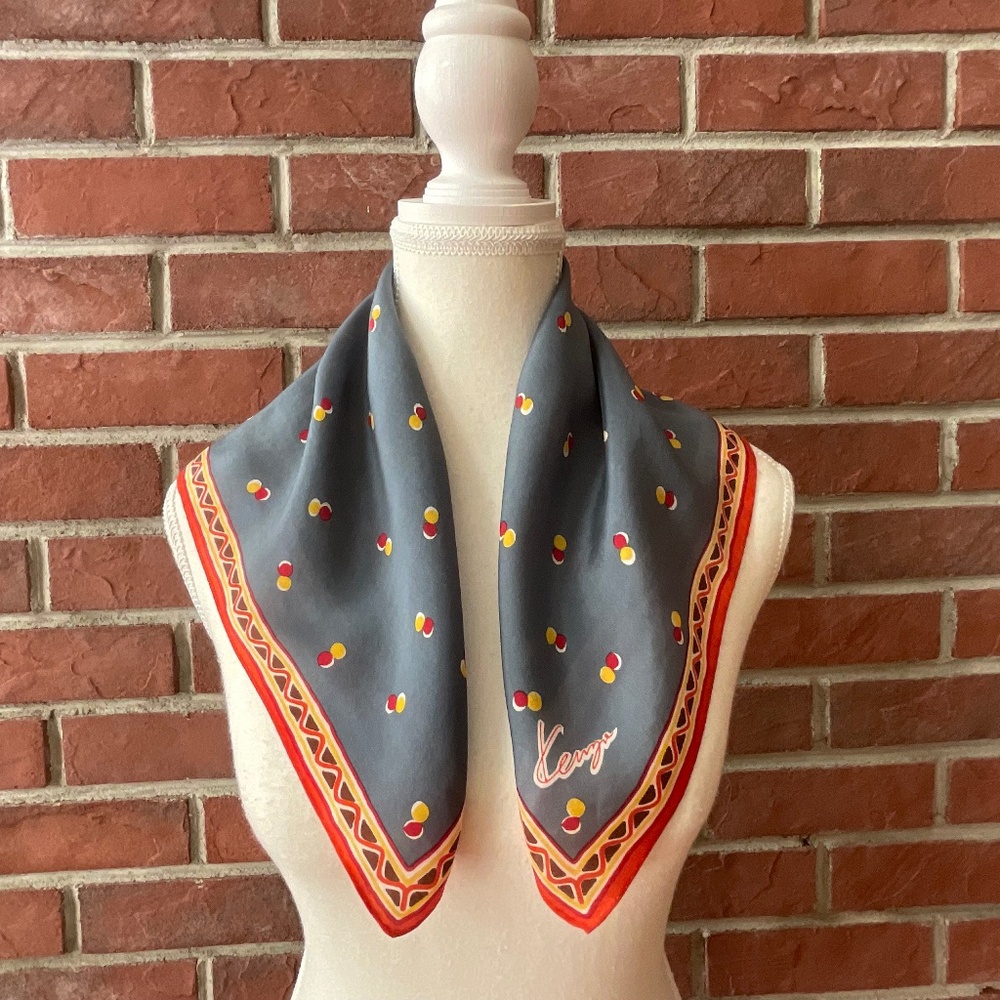 Kenzo Paris Vintage 80’ Silk Geometric Hand-Rolled Signed Scarf Made in Japan